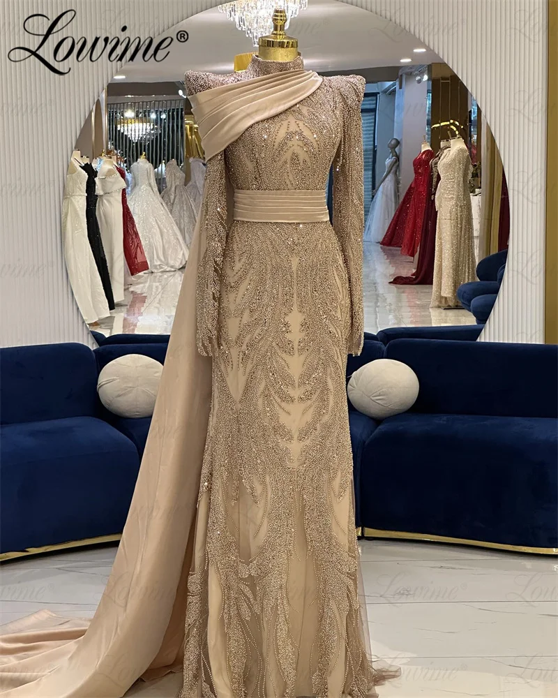 

2024 Muslim Arabic High Neck Long Sleeve Mermaid Elegant Dubai Beaded Evening Dresses Formal Gowns Champagne Women Party Dress