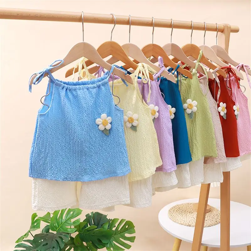 Children's Clothing Sets Floral Embellished Halter Top + Shorts 2pcs Sets Baby Girl Clothes  Kids Clothes Girls Outfit Sets