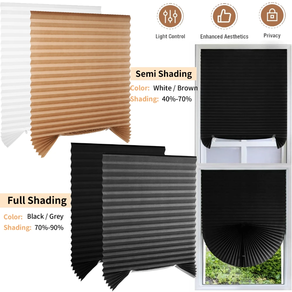 1/2 Pack Pleated Window Blinds Temporary Blackout Paper Shades Cordless Light Filtering Free Cut Size Home Room Darkening Shades