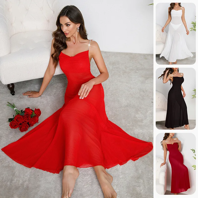 Sexy Solid Color Chiffon Nightgown Home Dressing Gown Long Sleepdress Nightwear Loose Casual Mesh Nightie Lounge Wear