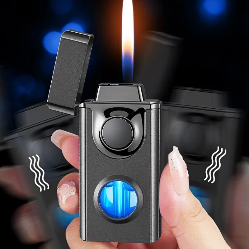 Intelligent Voice Controlled Dual Fire Butane Gas Lighter 4 Ignition Modes Blue Light Visible Gas Window USB Electric Lighters
