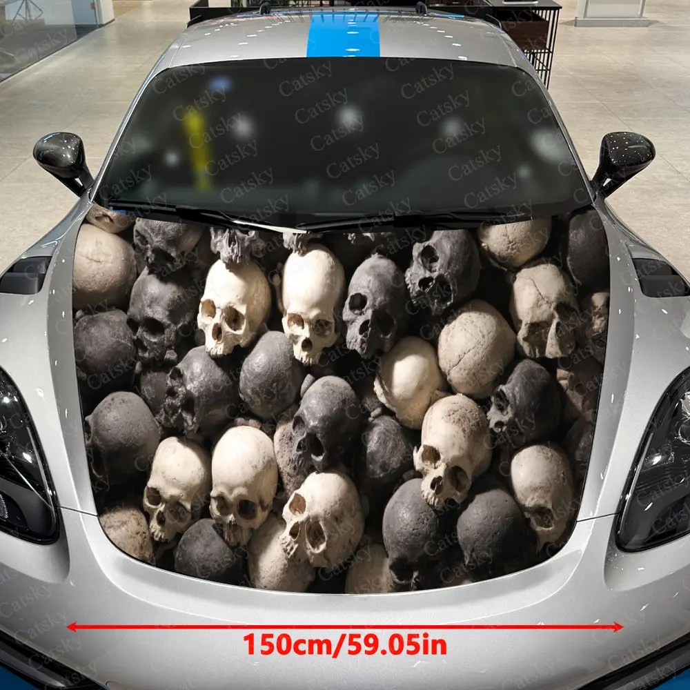 Skull Cluster Dark Mystery Pattern PVC Car Hood Wraps, Self-Adhesive Waterproof Car Bonnet Decal Sticker, Car Decoration Protect