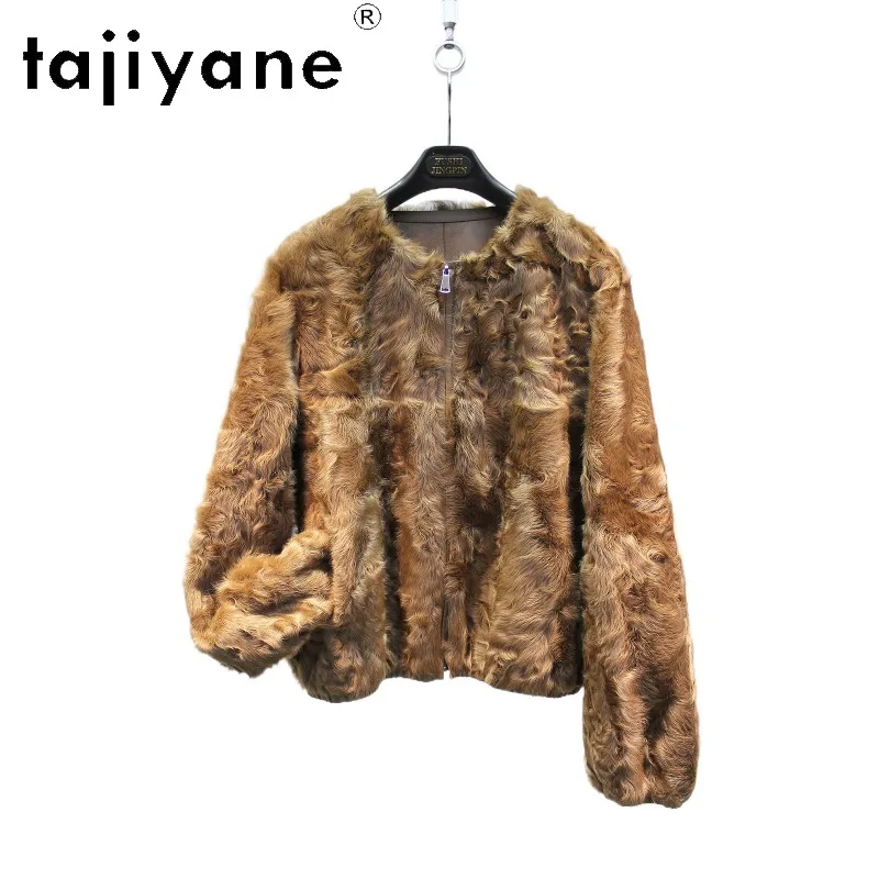 TAJIYANE Natural Huyang Lamb Shearling Fur Jacket Outerwear Zipper Real Fur Coat Women Old Money Style Fourrure Overcoat Шуба