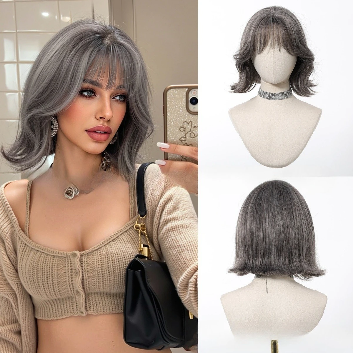 

Gray brown new wig Qi bangs bobo short curly hair full head cover wig Europe and America