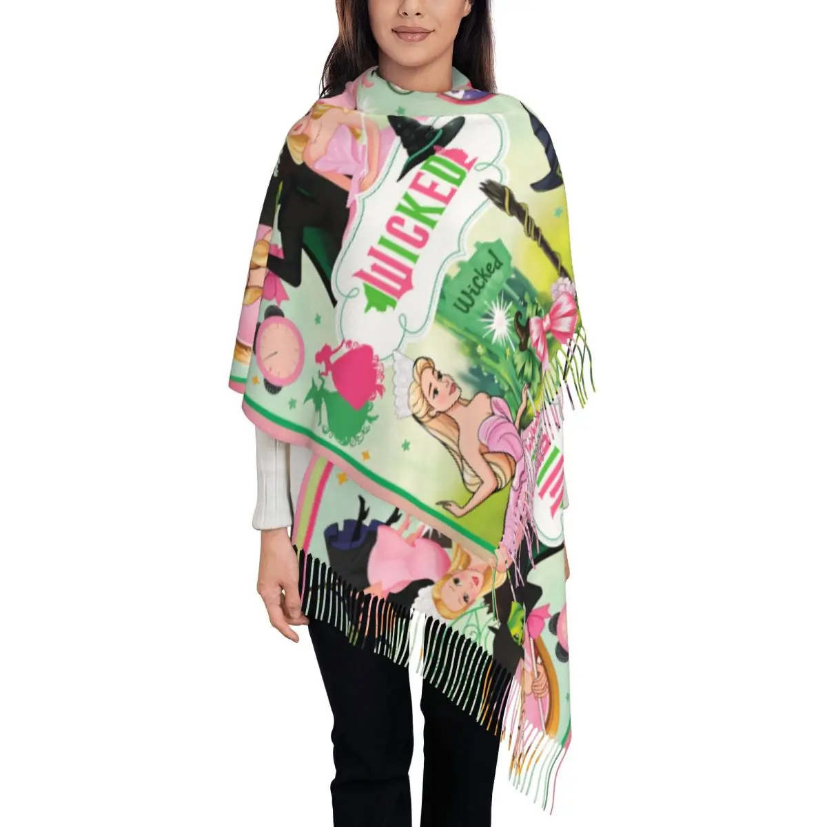 

Wicked For Good Scarf for Women Warm Winter Cashmere Shawl Wrap Witch Wizard Fantasy Large Scarves with Tassel for Ladies