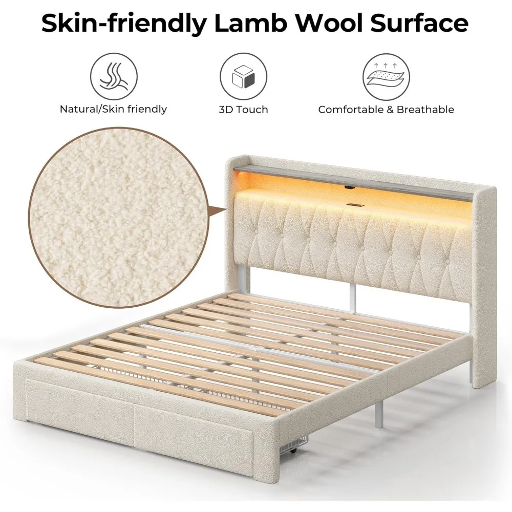 Bed Frame with Drawers, Storage Headboard with Charging Station and LED Lights, Upholstered Bed with Heavy Duty Wood Slats