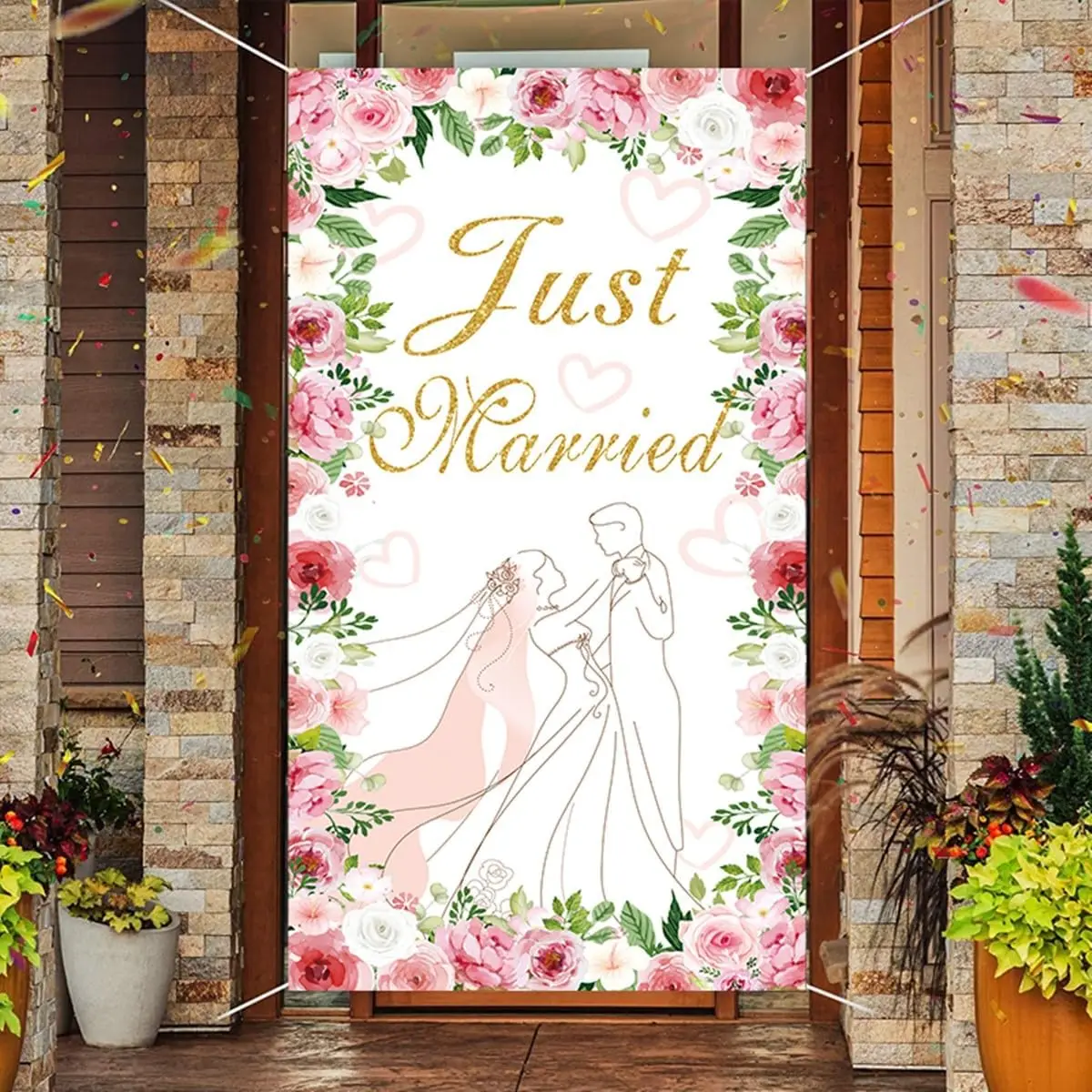 2D الباب راية Just Married غطاء باب الزفاف مع 70.8 ''X35.4'' الأزهار الزفاف دش معلقة راية حفل زفاف الديكور #1