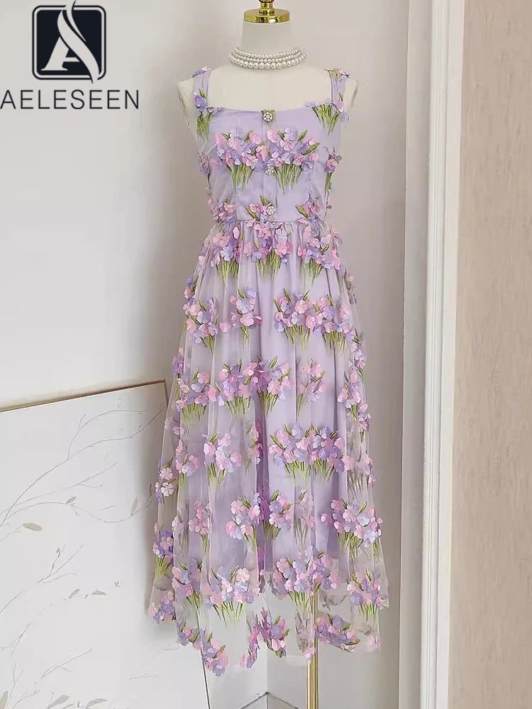 AELESEEN Designer Fashion Summer Dress Luxury 3D Appliques Mesh Sqaure Collar Flower Embroidery Long Party Spaghetti Strap