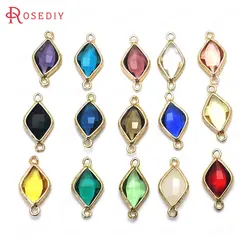 (C586)10 pieces 23x11mm High Quality Champagne Gold Color Brass and Glass 2 Holes Rhombus Shape Connect Charms Pendants