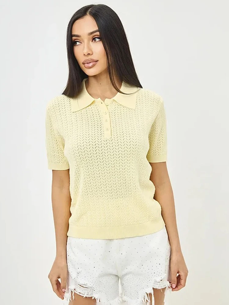 Women Solid Hollow Knitted T-shirt Short Sleeve Lady Elegant Loose Lapel Hot Tops 2026 Spring Summer Casual New Sweater Top 21 S325471a567d1473fa6b6beff1dfd069bg