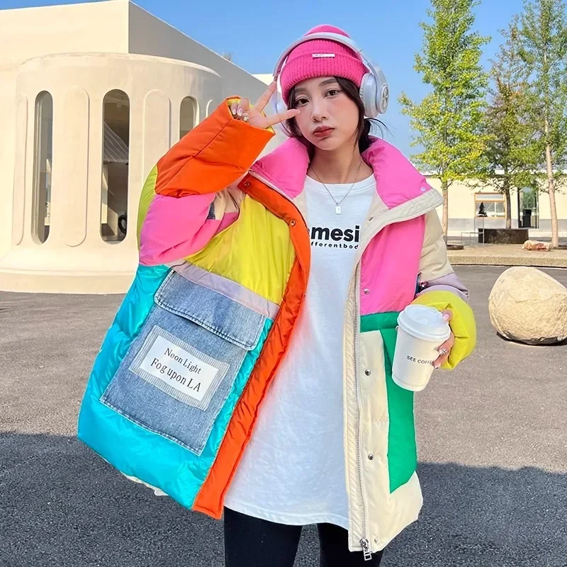 Colorful Thick Down Jacket Collection Stand Up Collar Cowboy Splicing Short Bread Suit Large Loose White Duck Puffer Coat Women