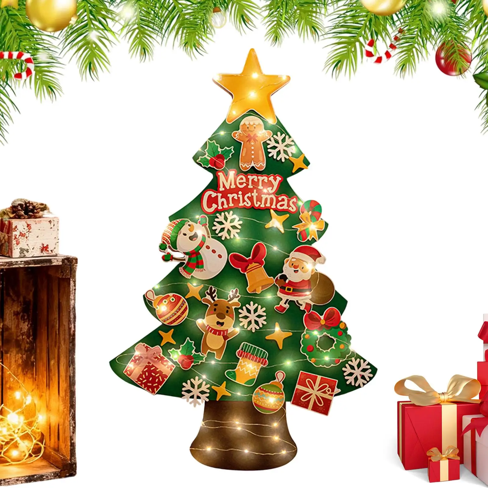 

Kids Christmas Tree With 9.8ft Light String LED Crafts Felt Wall Christmas Tree For Bedroom Nursery Outdoor Indoor Kindergarten