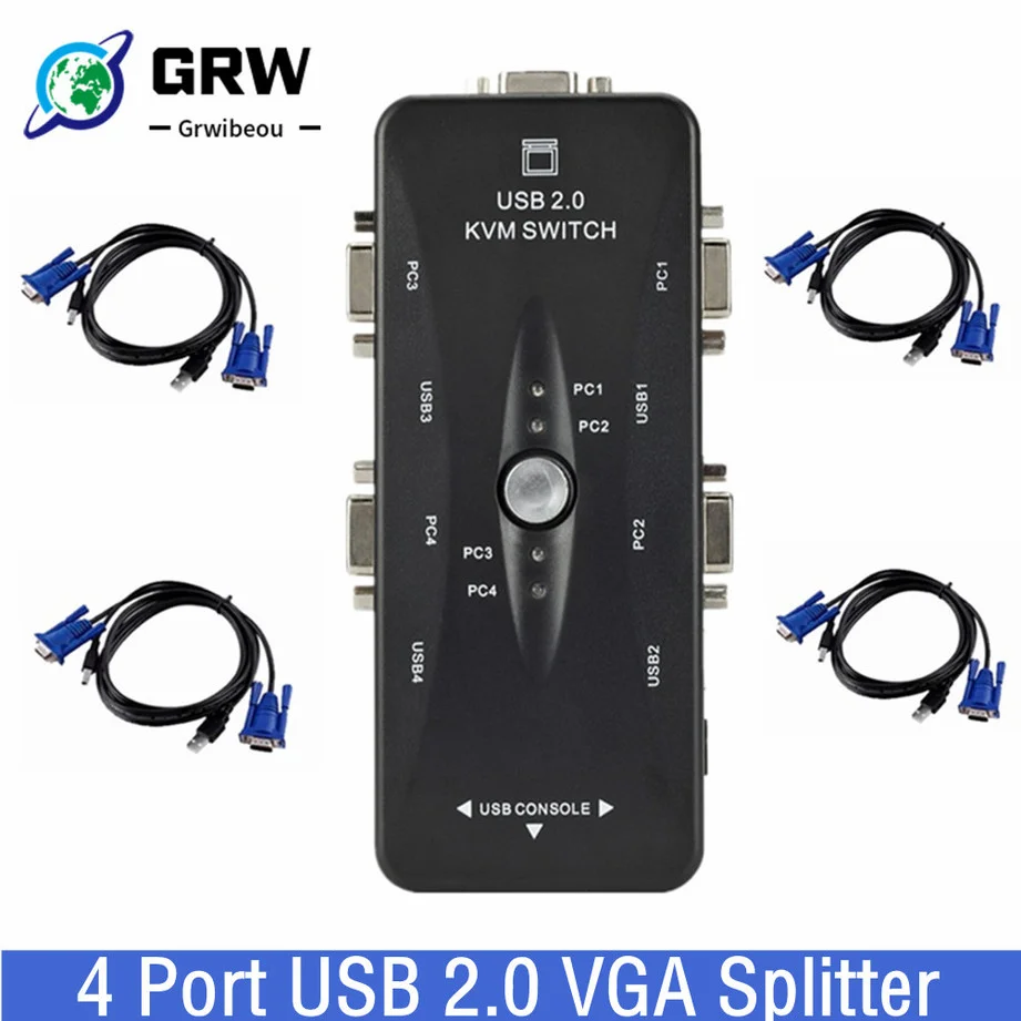 Grwibeou 4 포트 Kvm 스위치, USB 2.0 VGA 분배기, 프린터 마우스 키보드, 펜드라이브 공유 스위처, 1920*1440 VGA 스위치 박스 어댑터