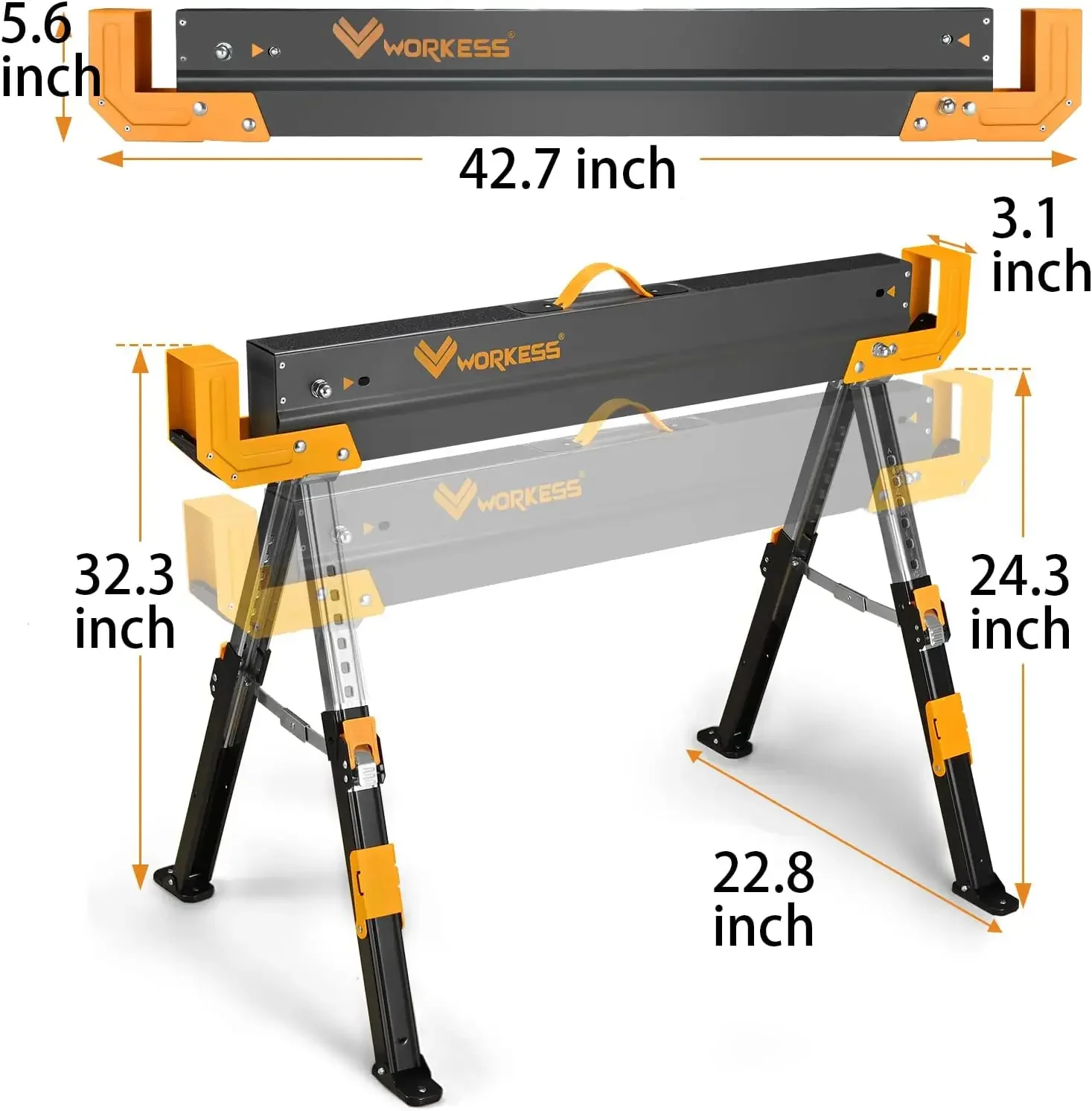 Saw Horses 2 Pack Folding 2600 Lbs Load Capacity & 24-32 Inch Adjustable Height Heavy Duty Sawhorse Table with 2x4 Support Arms