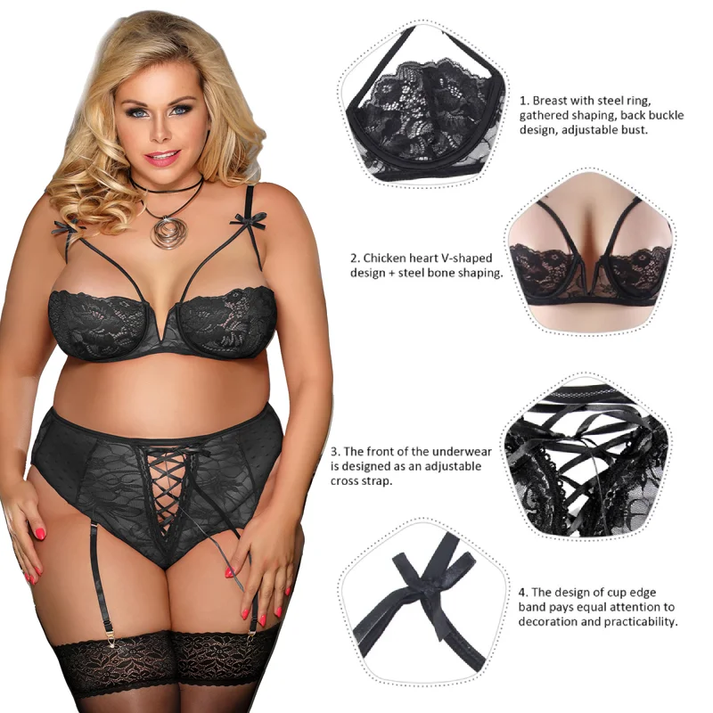 Ohyeahlady Open Bust Bra Garter Panty Set High Waist Lace Hollow Lingerie Plus Size Sexy See Through Suspender Underwear Briefs