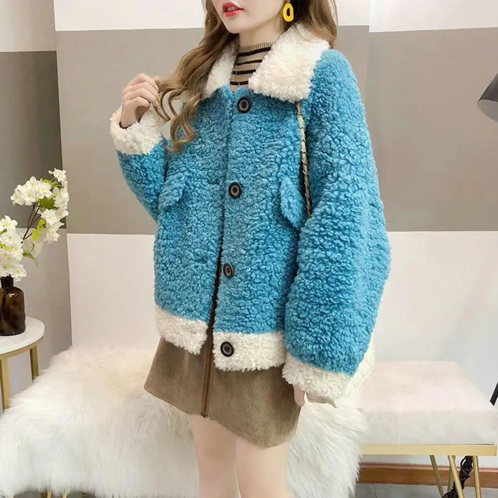 Women Winter Coat Thickened Plush Lapel Single-breasted Loose Faux Woolen Color Matching Long Sleeve Pockets Cardigan Jacket