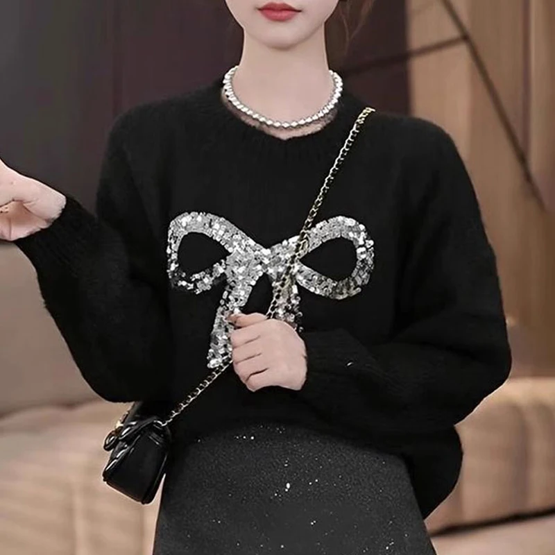 

Korean Style Sequins Butterfly Knot Knitted Tops Loose Casual Autumn Winter Long Sleeve Women Pullovers Sweater