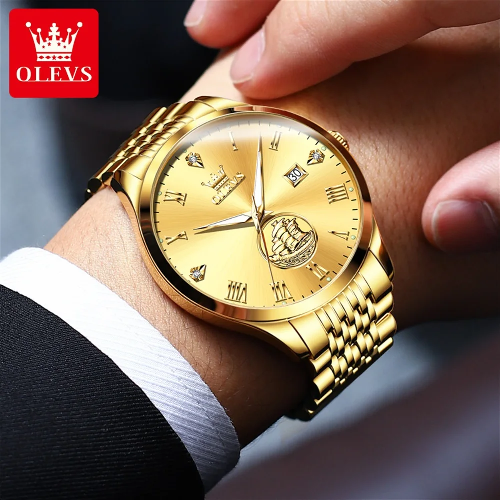 OLEVS Real Gold Sailboat Men\'s Watches Business Dress Luxury Waterproof Stainless Steel Automatic Mechanical Wrist Watch for Men