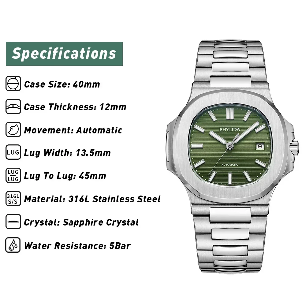 PHYLIDA 40 mm herenhorloge met groene wijzerplaat, luxe klassiek sporthorloge Miyota automatisch met datum saffierglas