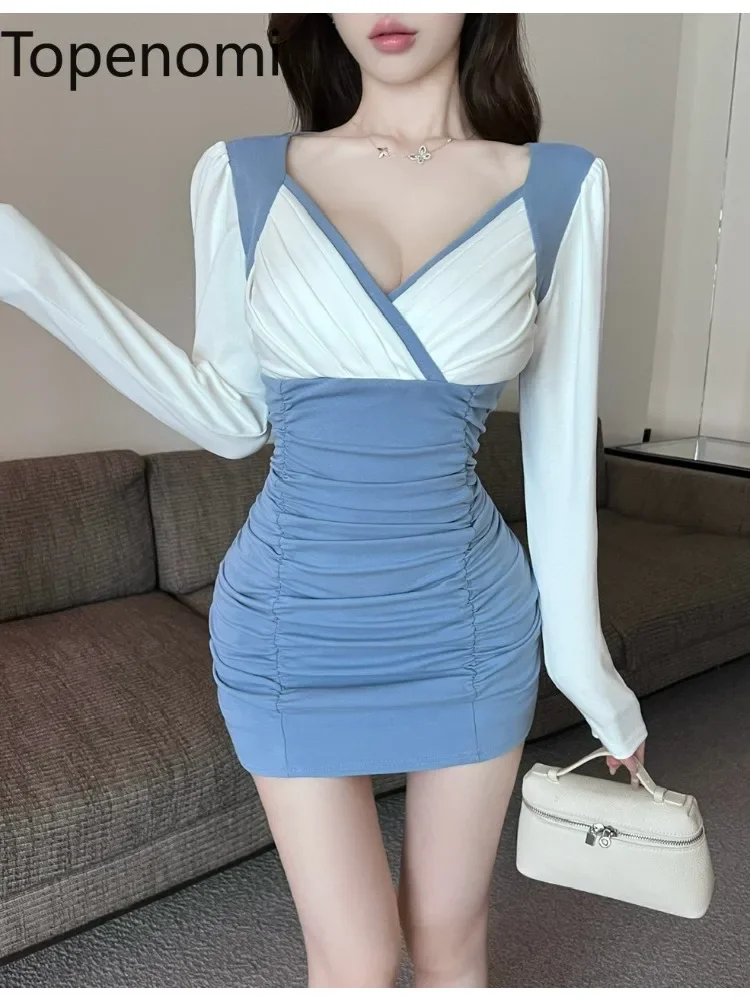 Topenomi Sexy Colorblock Long Sleeve Dress Women 2024 Autumn Temperament Folds Slim Short Evening Party Dresses Fashion Vestidos