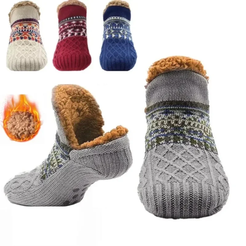 Indoor Winter Slippers Socks Men\'s Floor Socks Home Bedroom Sleeping Socks Non-slip Knitted Adult Plus Fleece Warm Carpet Sox