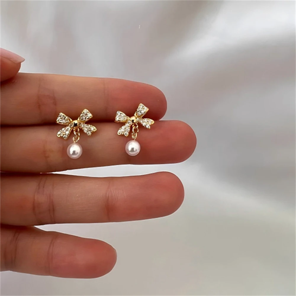 

CANNER Exquisite French Bow CZ Pearl 925 Sterling Silver Stud Earrings For Women Ins Niche Earrings Fine Jewelry Party Gift