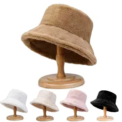 1Pc Autumn Winter Warmer Thick Harajuku Bucket Hat Cool Panama Lady Lamb Wool Outdoor Solid Color Fisherman Sunscreen Cap Unisex