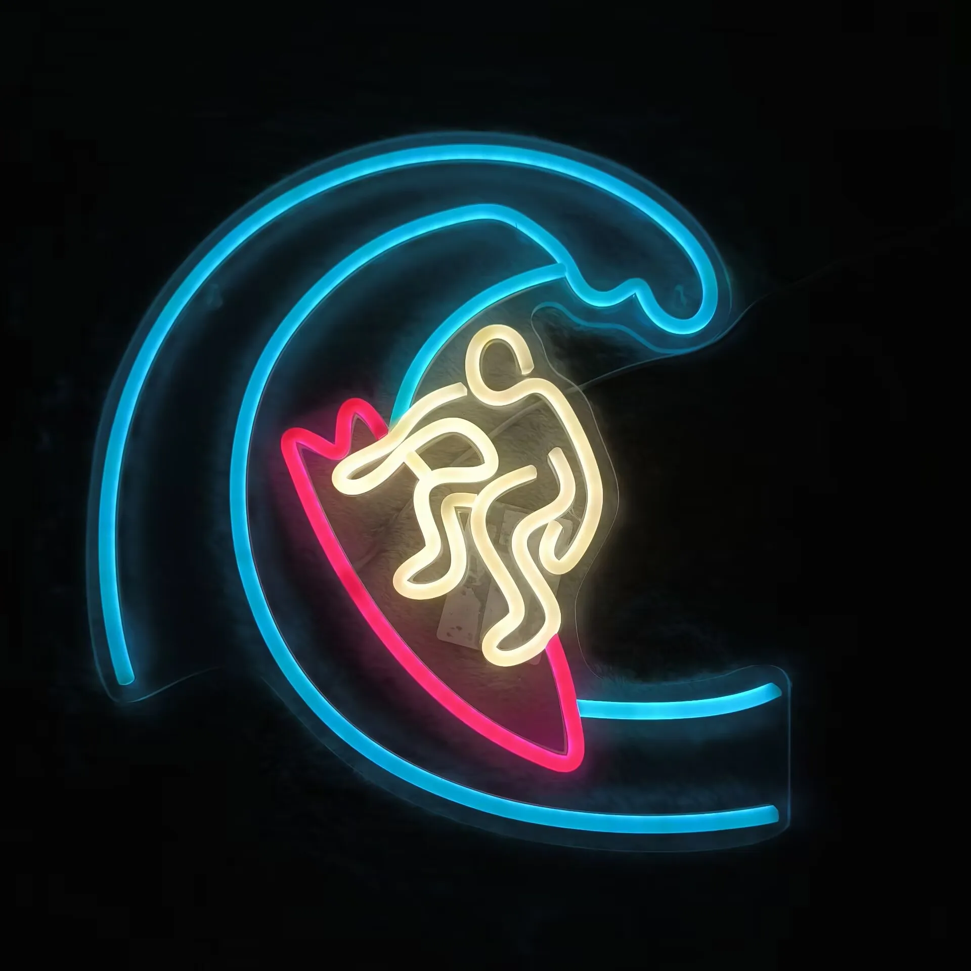 SUSB Dimmable Surfing Neon Sign with Wave and Surfer Design Blue Yellow Red LED Light for Beach Bar Bedroom Wall Decor Gift