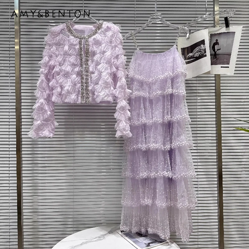 

French Design Heavy Industry Rhinestone Chiffon Women's Coat 2026 Spring Summer Sweet Temperament Cake Sling Dress Set Ladies