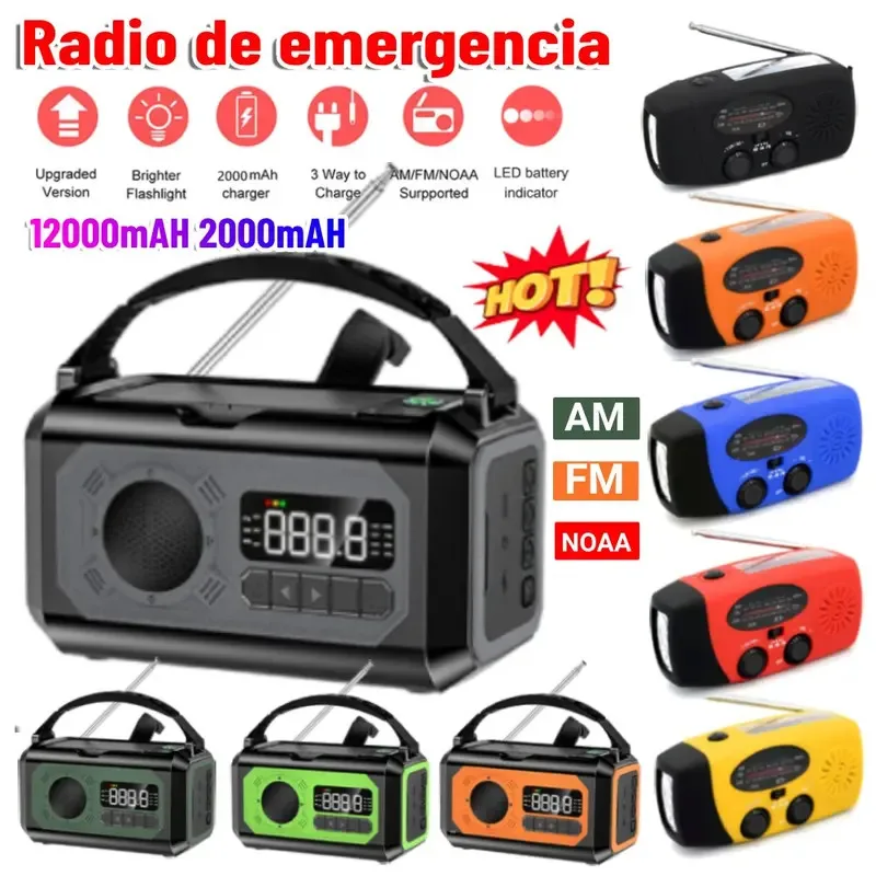 

12000mAh Weather Alert Radio - Solar Hand Crank, 2 Solar Panels, Flashlight & Power Bank for Outdoor Survival