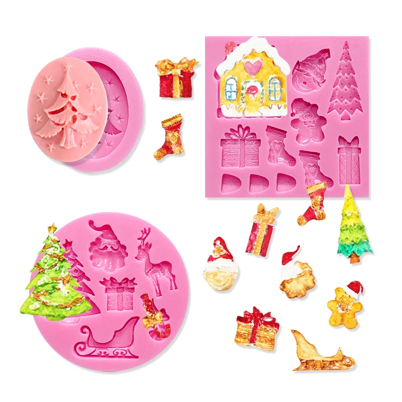 Christmas Molds Mini Christmas Fondant Molds Pink Polymer Clay Molds Non-stick Silicone Molds for Cake Decorating