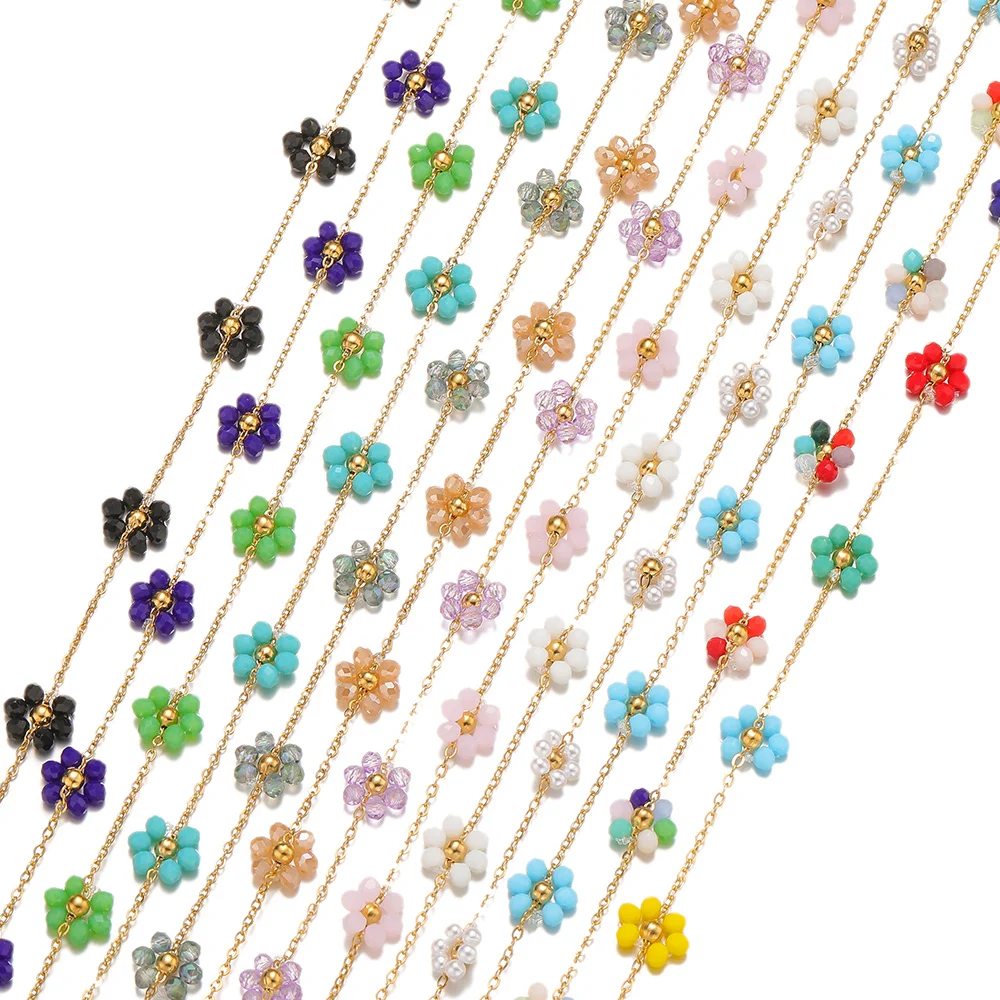 1 Meter Gold Color Stainless Steel Daisy Flower Beaded Handmade Chains for DIY Jewelry Making Necklace Bracelet Anklets Supplies