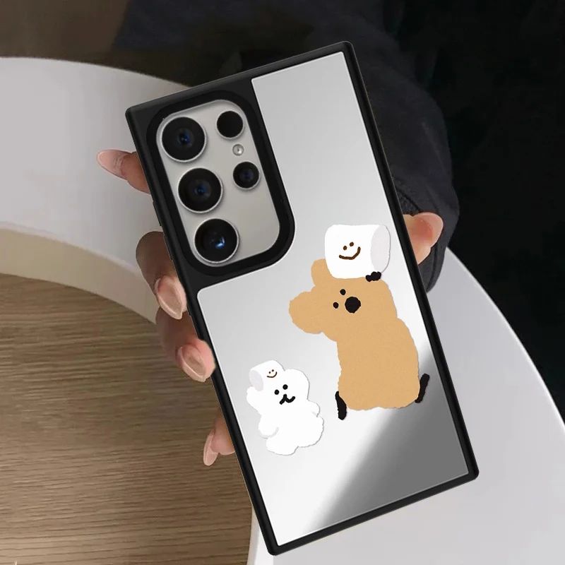 Cartoon Marshmallow Brown Bear Mirror Surface Magnetic Phone Cover for Samsung Galaxy S23 S24 S25 S26 Ultra S26+ Plus Case