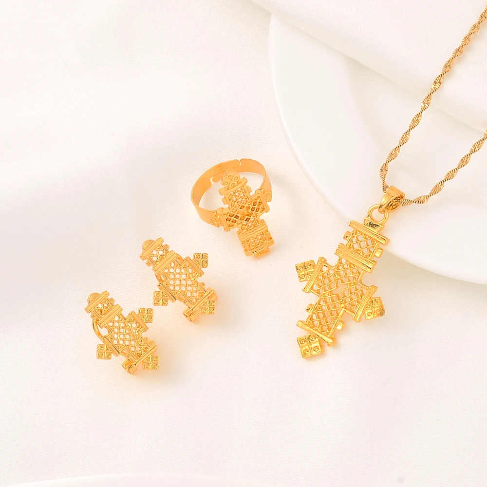 Hot Ethiopian Jewelry Sets Coptic Crosses Pure Gold Color Sets Nigeria Eritrea Kenya Habesha style