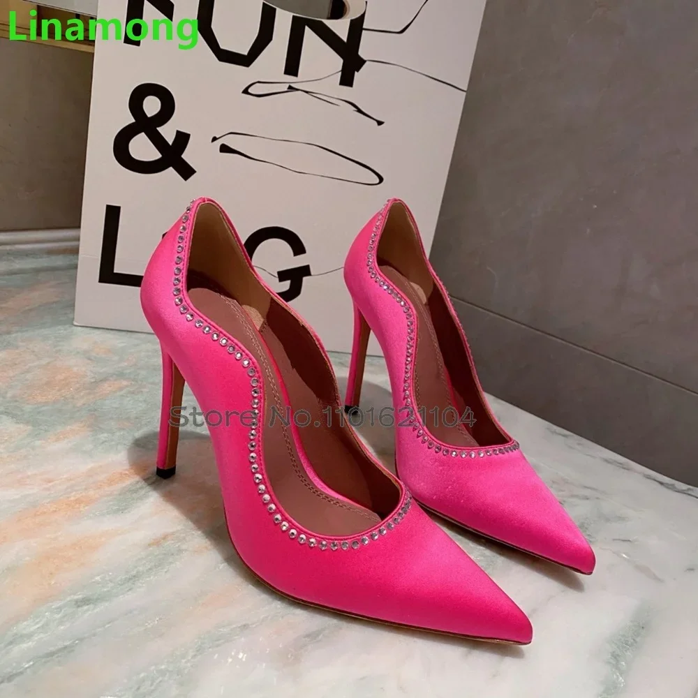 

Pointed Toe Thin High Heel Luxury Pumps For Female Women 2024 New Crystal Design Shallow Slip-on Solid Satin Fabric Elegant Shoe