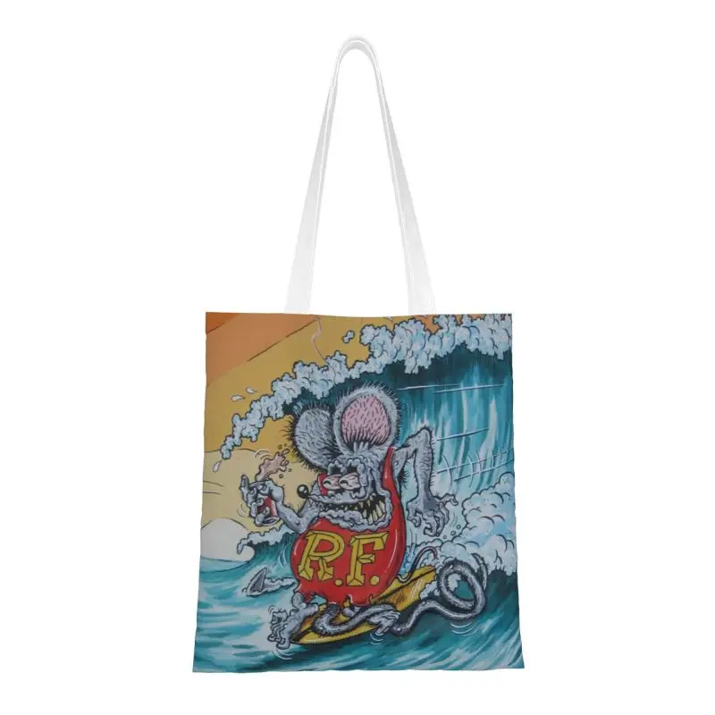 Bonito impressão rato fink surf tote sacos de compras portátil lona ombro shopper animação anime dos desenhos animados bolsa