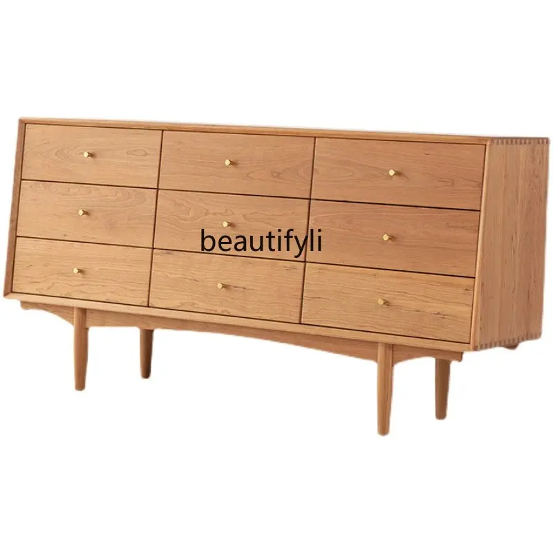 

Solid Wood Chest of Drawers Bedroom Storage Cabinet Cherry Simple Drawer Sideboard Cabinet Light Luxury Nine Chest of Drawers