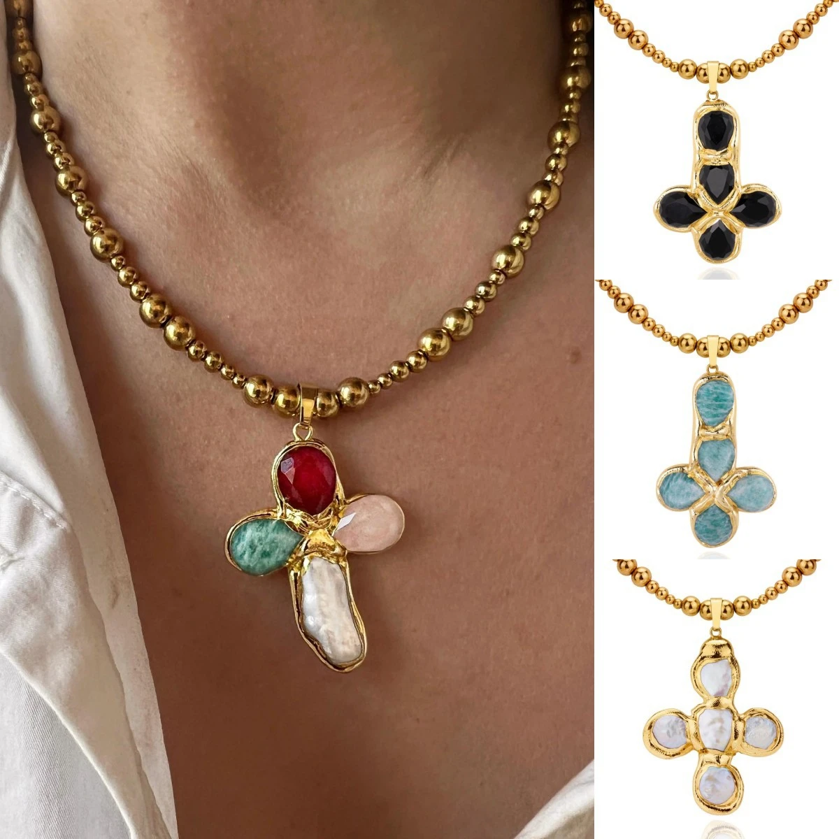 

Titanium steel cross pendant necklace with ins style, personalized and trendy color pendant, gold-plated and color preserving