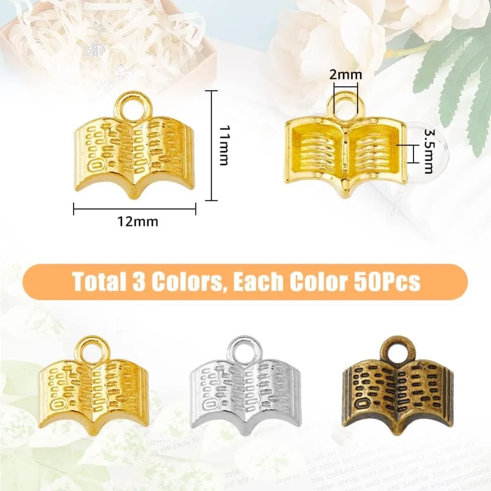 150Pcs 3 Colors Book Charms Alloy School Theme Charms 3D Holy Bible Antique Golden Bronzer and Silver Small Study