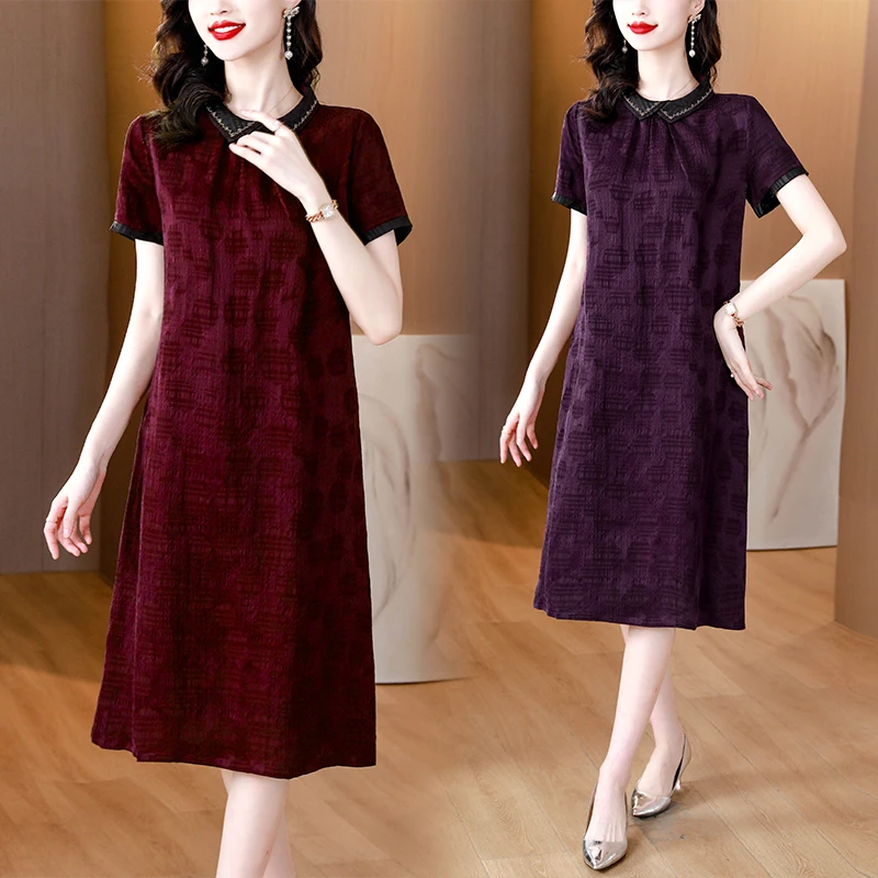 2023 Summer New Chinese Vintage Short Sleeve Jacquard Dress Silk Satin Mommy's Loose Large Slim Qipao Dress Women's Long Robe