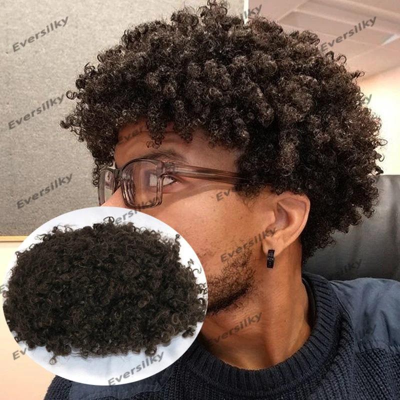 Rambut Palsu Pria Natural Hairline Afo Kinky Curly Toupee dari Rambut Manusia India Asli, Sistem Prostesis Tahan Lama dengan Basis PU Full Skin