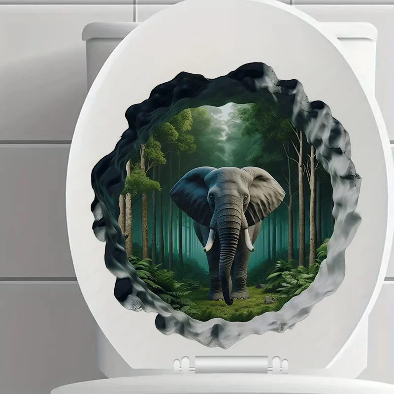 T2148#Dynamic Elephant in Forest Toilet Stickers, Bright Wall for Home, Cabinet, Door,Refrigerator Decoration, Vinyl Car Decals