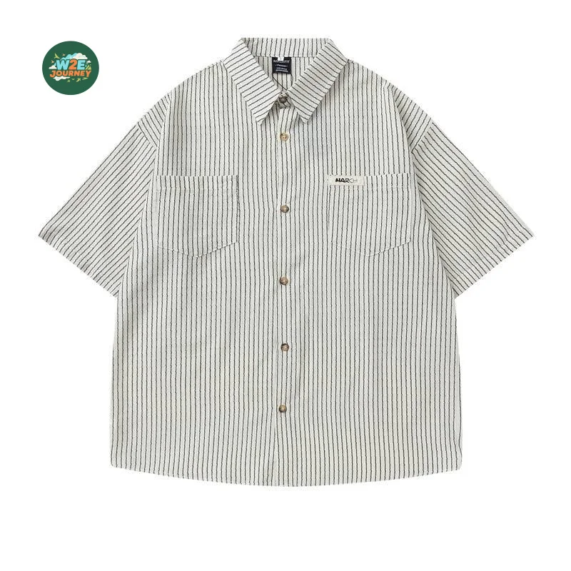 W2EJOURNEY Kemeja Bergaris Musim Panas Pria Ukuran AS UE Kualitas Terbaik Kemeja Kasual Luar Ruangan Antik Lengan Pendek Berkancing dengan Saku