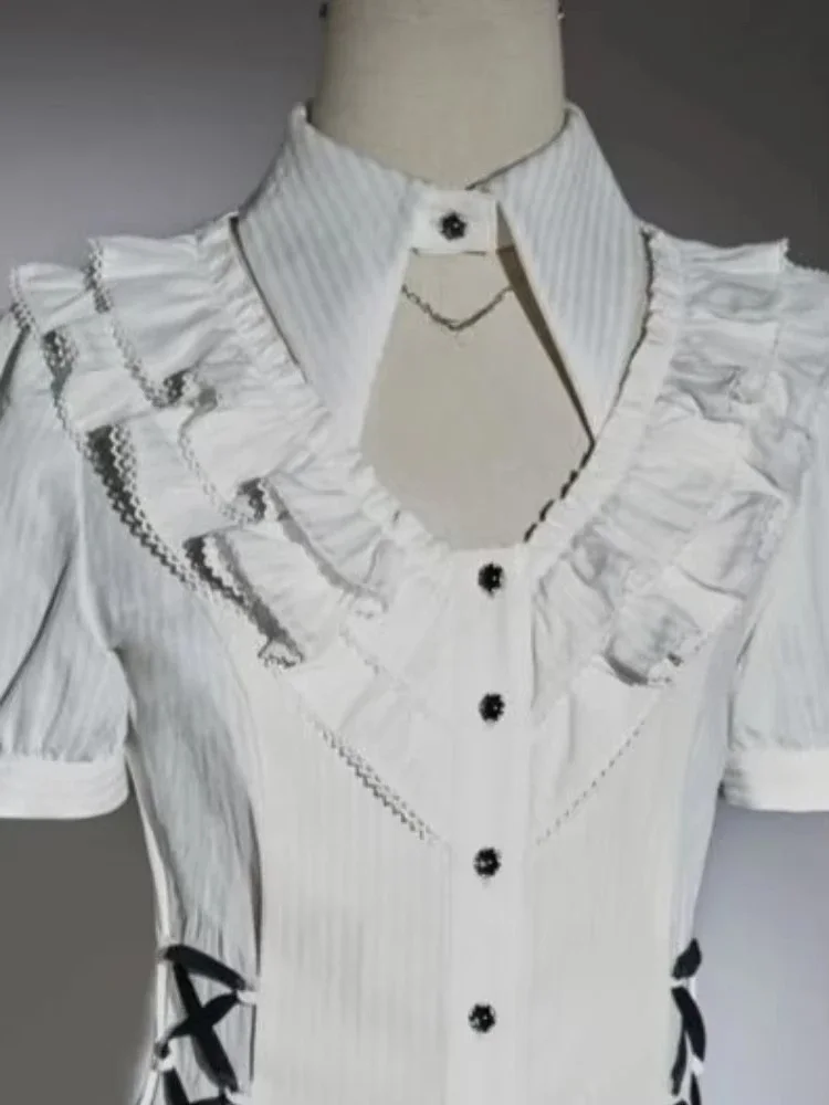 Japanische 2-teilige Sets für Damen, unregelmäßige Rüschen, schmale Passform, Bandage-Bluse + hohe Taille, Spitze, Patchwork-Röcke, Y2k-Ästhetische Outfits