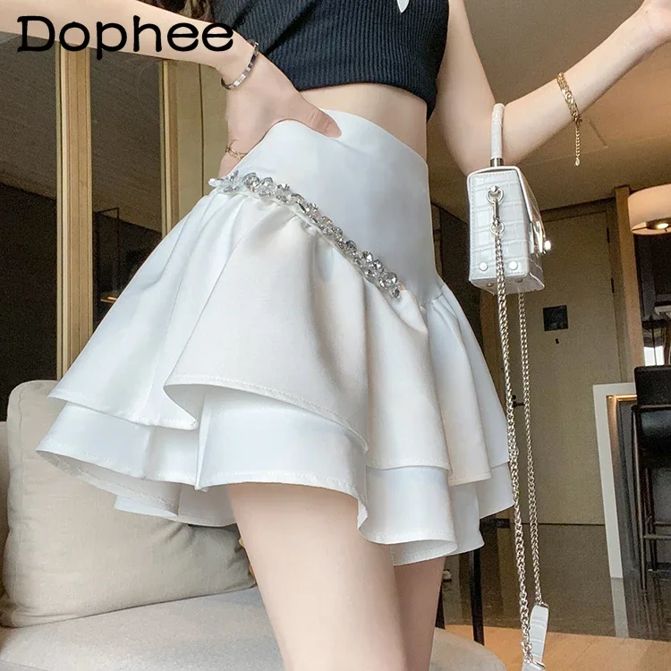 Hot Drilling High Waist Ruffles Pleated Mini Skirt Women Fashion All-Match A- Line Ball Gown Skirt 2023 Summer New Mujer Faldas