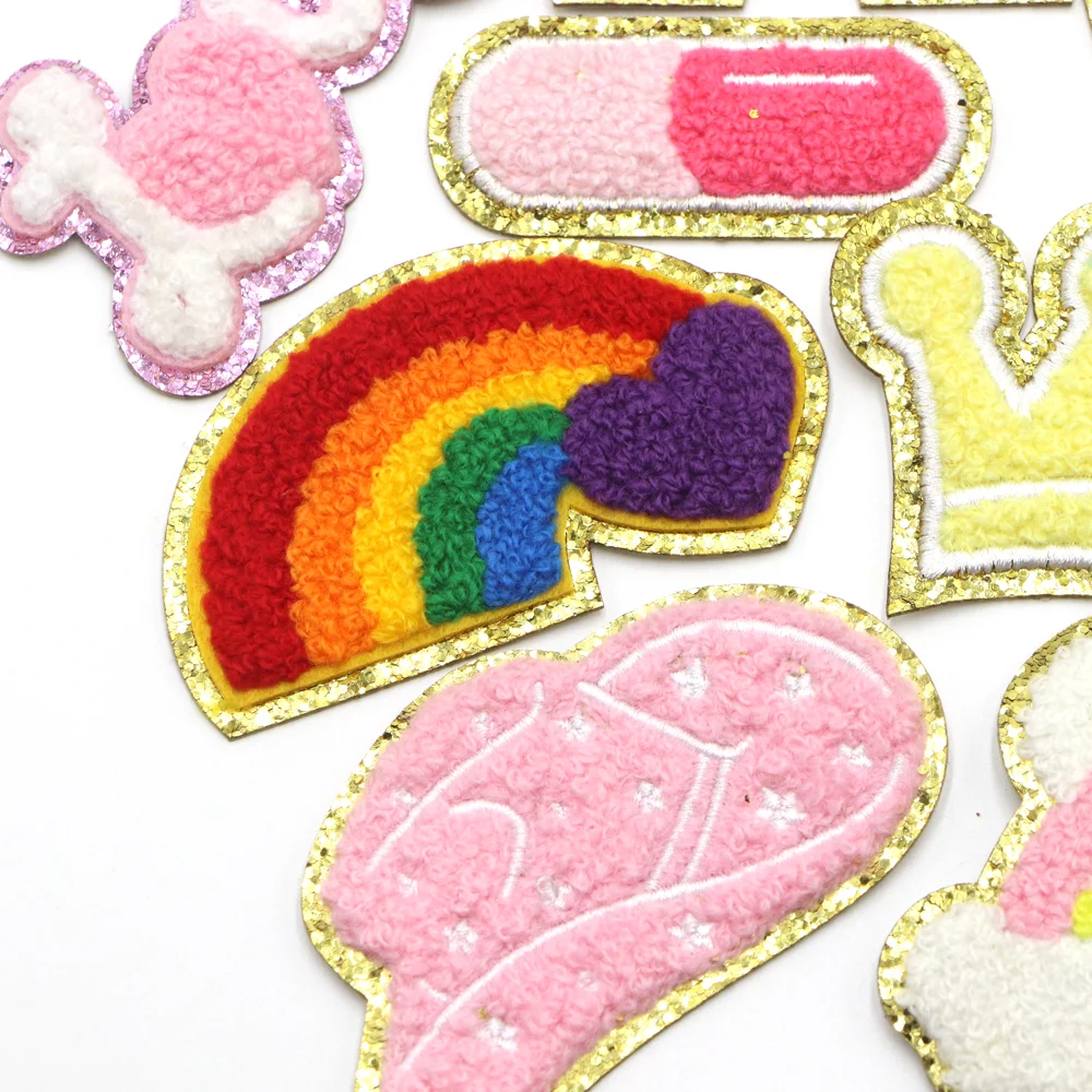 1PC Rainbow Unicon Self-adhesive Patch For Clothing Chenille Embroidered Patch DIY Applique Patches With Gold Edge Repair Patch