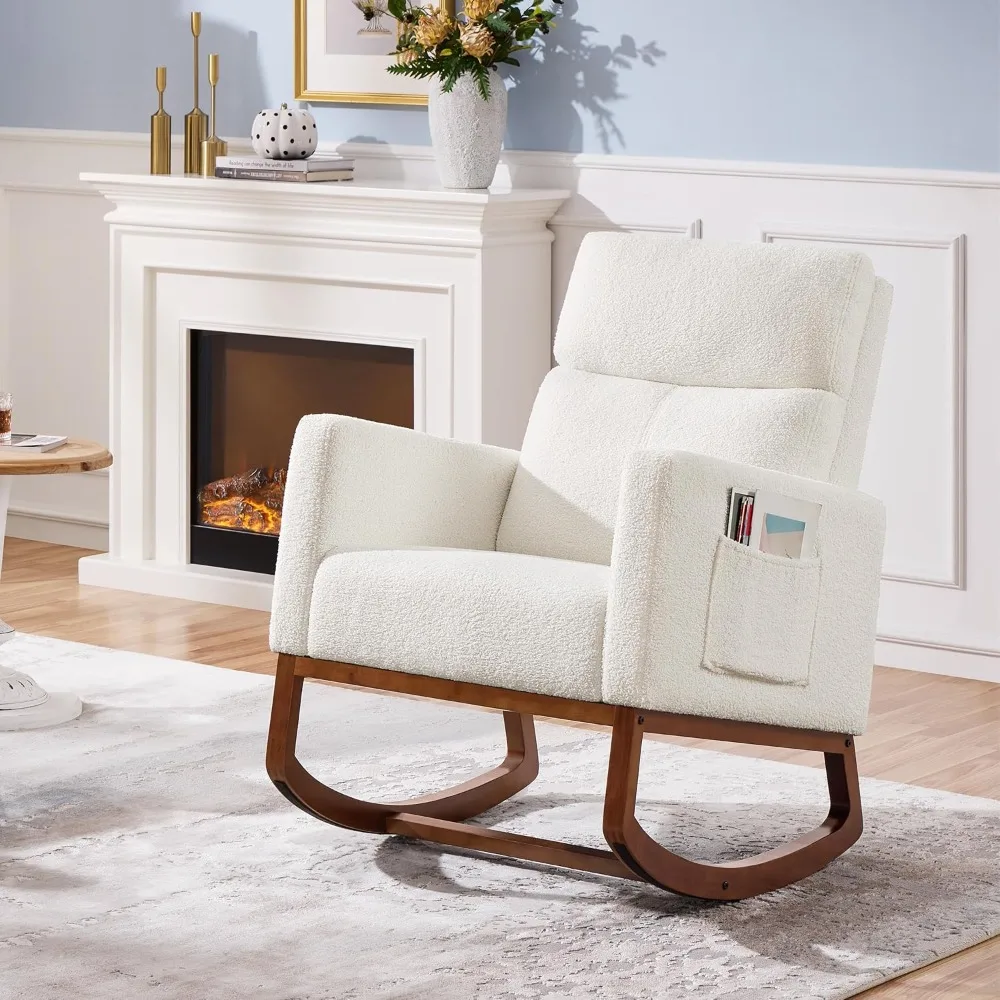 Nursery chair with high backrest and side pockets, rocking chair armchair with rubber wooden legs, suitableforlivingroom/bedroom