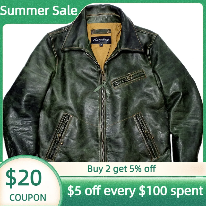 

Men's Vintage Green Spring Jacket American Motorccyle Style Plus Size 5XL Natural Horsehide Slim Fit Biker Genuine Leather Coats