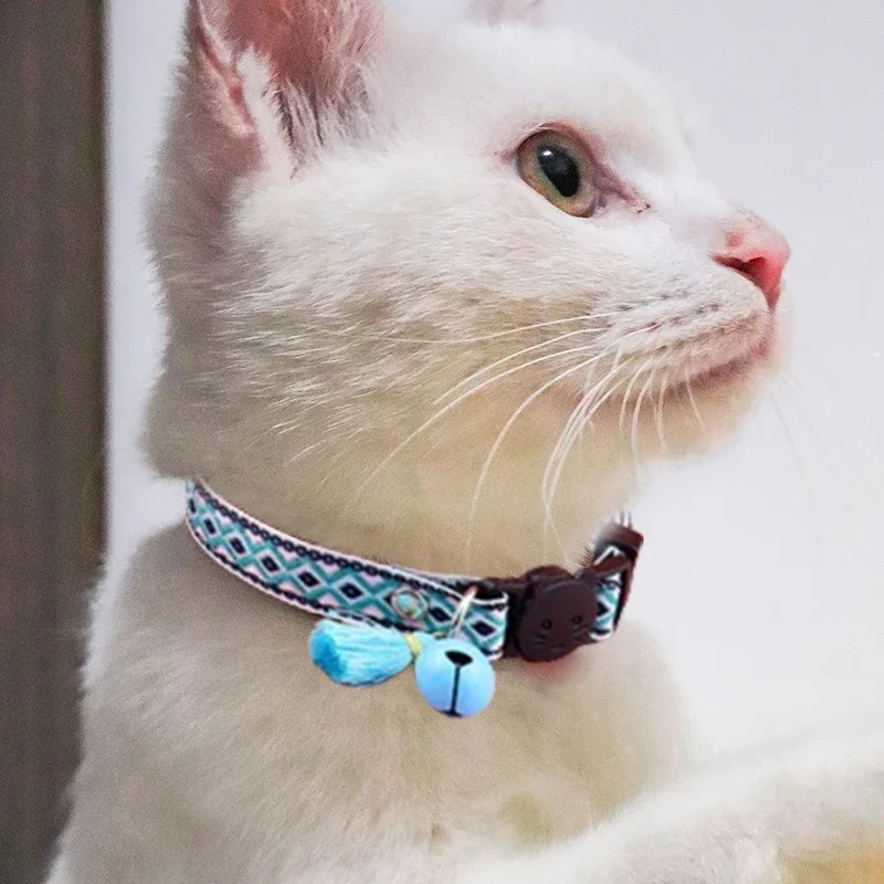 Tassels with Bells Cat Collar Cats Cartoon Pattern Adjustable Buckle Colorful Plaid Jacquard Patterns for Kitten Puppy Necklace