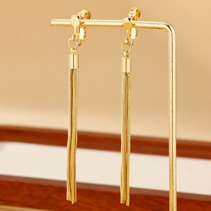 High Quality Metal Chain Tassel Clip on Earrings Without Piercing Ear Clips for Women Vintage Simple Party Jewelry Accessories